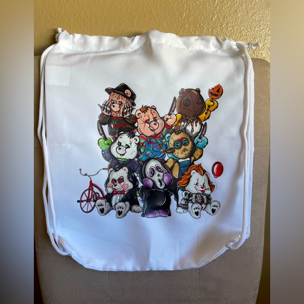 NEW Cute Horror Icon Teddy Bears White Drawstring Backpack Carry Bag 13.5x17 NEW